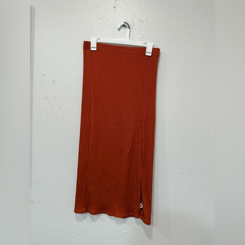 Free People Ribbed Knit Midi Skirt Rust Brown High Waist Stretch Boho Casual